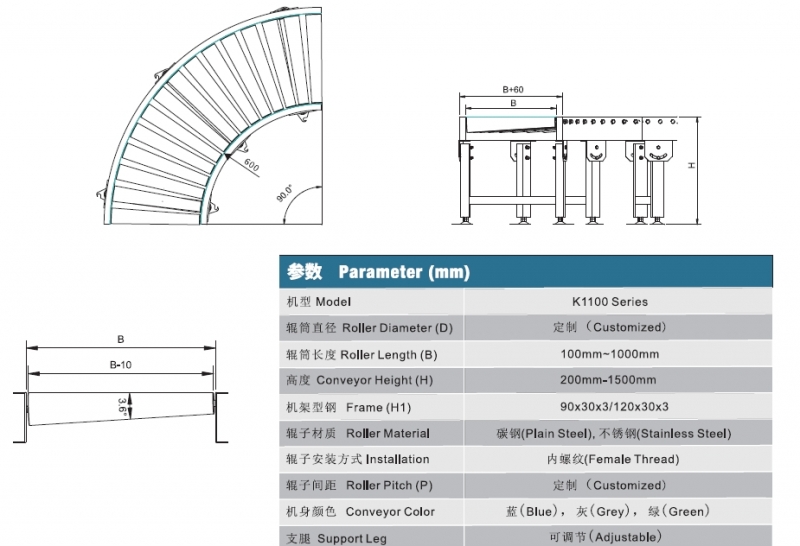 Gravity curved roller conveyor